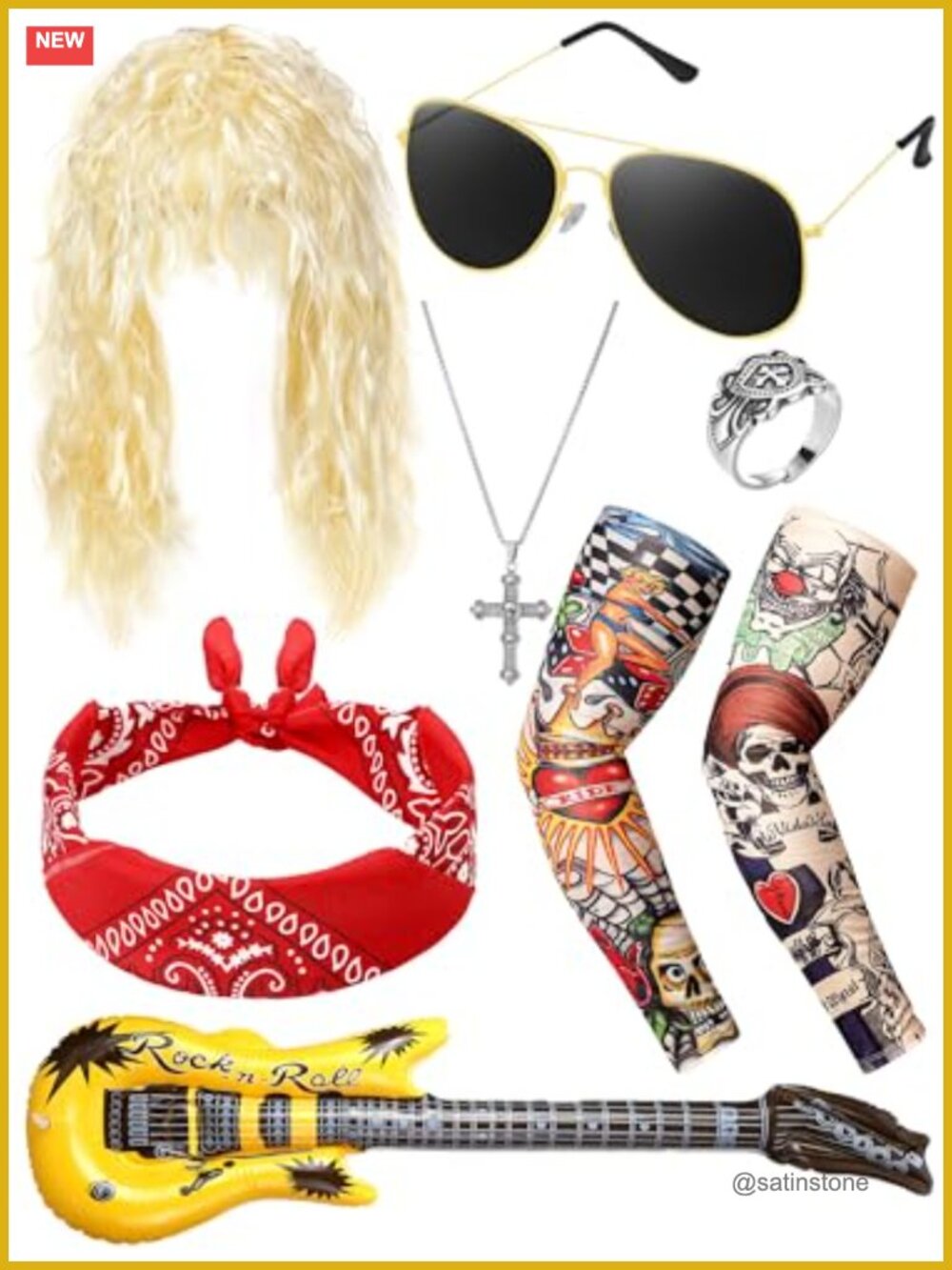 6 Pc 80s Rocker Costume Set Wig Guitar Glasses Punk Accessories